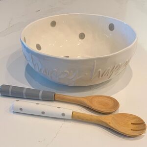 NWT Mud Pie Creme and gray Polka Dot Bowl with Wooden Spoons